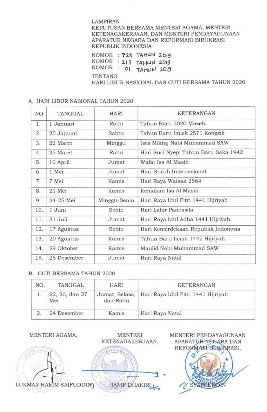 SKB Hari Libur Nasional dan Cuti Bersama Tahun 2020