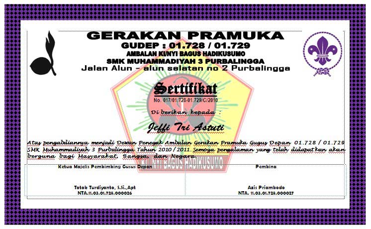 Sertifikat Pramuka SMK Muhammadiyah 3 Purbalingga
